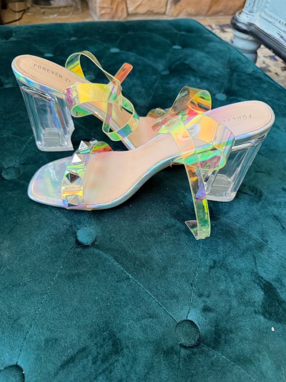 Forever 21 Iridescent Clear Block Heel Sandals - Holographic